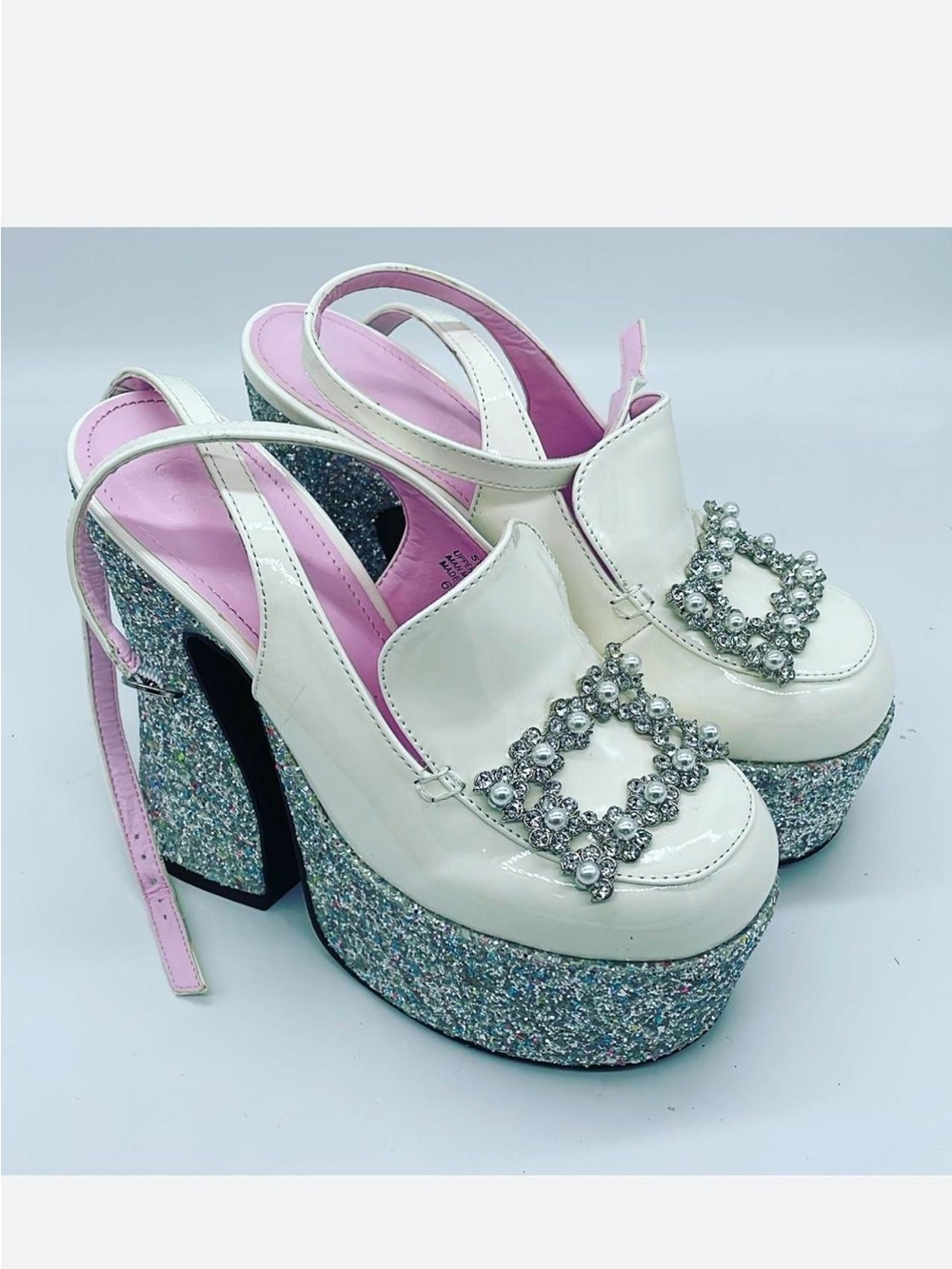 Sugar Thrillz White Platform Slingback Heels with Pink size 9